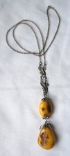 Vintage Large Polished Amber Drops Pendant Necklace Silver Tone Filagree
