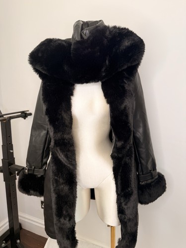 Faux fur leather tie coat - leather, up
