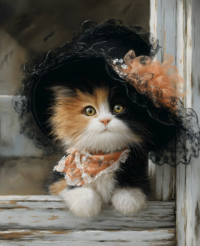 Fluffy calico kitten black - calico, in