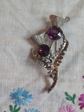 Scottish Large Thistle Brooch Pin Purple Two Stones Gold Tone Celtic tiny flaw