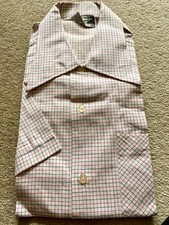 VINTAGE mens 70'S BEIGE CHECK PLAID DAGGER COLLAR  SHORT SLEEVE SHIRT 38" NEW