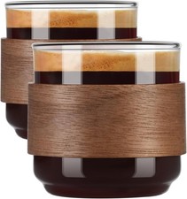 Espresso Cups Set of 2 with Wooden Ring, 5 OZ High Borosilicate Espresso Shot Gl