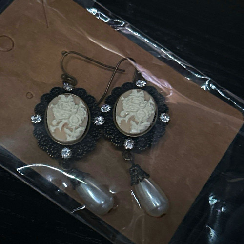 Black oval cameo drop - cameo, earrings