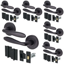 Black Internal Door Handle Set - Latch & Hinges Bundle Pack of 6