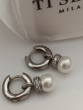 ?Ti Sento Earrings 925 Sterling Silver Pearl Charm CZ Huggie Earrings In Bag?