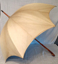 Antique walking parasol beige silk green silk lining cane handle PLEASE READ