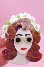 Vintage modern BROOCH Handmade  Flower Headdress Girl Lady acrylic bakelite Rep