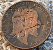 SUFFRAGETTE ORIGINAL DEFACED VOTES FOR WOMEN EDWARD VII PENNY COIN GENUINE&RARE