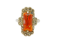 Sterling Silver Moss Agate & Marcasite Art Deco Dress Ring Antique c1930 Size J