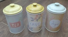 Vintage-Style Tin Tea Coffee Sugar Caddy Caddies Set Pastel Leaves VGC