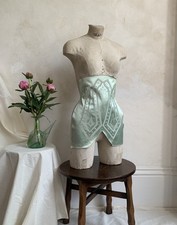 VINTAGE CORSET GIRDLE SAMPLE PAUL SOUQUET EMBRIODERY ANTIQUE GREEN SATIN 1930s