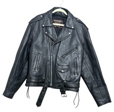 Interstate Leather Jacket Mens 52 Black Motorcycle Biker Belted Lace-Up Quilted