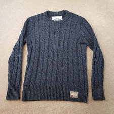 Superdry Mens Jumper Medium Navy Blue Cable Chunky Knit Sweater Wool Blend