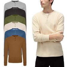 Mens Thermal Henley Jumper T-Shirt Plain Grandad Neck Long Sleev Waffle Knit Top