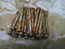 4- Vintage GKN British Made - 1/4" BSF x 3-3/8" long Hex Head HT Bolts. 29E