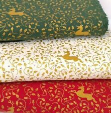 100% COTTON CHRISTMAS FABRIC SEWING MATERIAL HOLLY STAG RED GREEN GOLD IVORY
