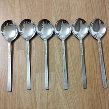 6 MID CENTURY VINERS LOVE STORY DAISY SOUP SPOONS Sheffield 18cm Vgc
