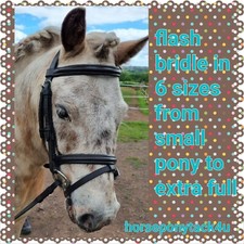 PADDED LEATHER BRIDLE WITH FLASH, RUBBER REINS 6 SIZES SMALL PONY TO EXTRA FULL