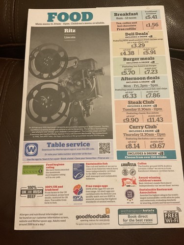 Wetherspoon menu ritz london - menu,