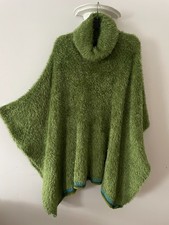 Amazing HAND KNITTED Fluffy Green Cowl Neck Pullover Poncho Jumper  One Size XL