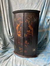 Antique Early Georgian Chinoiserie painted bowfront wall hung corner cupboard