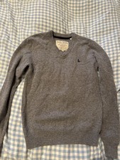 JACK WILLS Mens V-Neck Jumper Sweater Medium Grey  Merino Wool XS