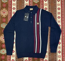 Gabicci Vintage Mens Soda Racing Stripe Knitted Polo  LS Shirt Navy Red
