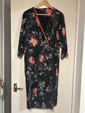 Debut Black Floral Wrap Midi Dress Kimono Style Size 14 In Very Good Condition