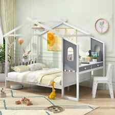 Double House Bed Modern Playhouse Bed w/ Fence for Kids No Box Spring Needed