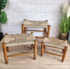 Vintage Rustic Nesting Rush Foot Stools Set x 3 Country Farmhouse, Plant Stands