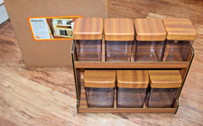 Vintage Robex 7 piece Storage Canister Set Unused Boxed Faux Wood Lids TV Prop