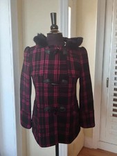 Girls Wool Blend Burgundy Check Duffle Coat Age 13/14