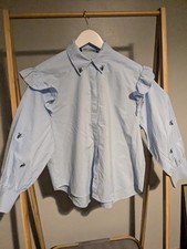 Zara Embellished Sequin Rhinestone Blue Shirt Day Night Puff Sleeve New Top M