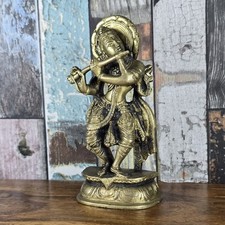 Rare Vintage Hindu Deity Krishna Playing Flute Iconic Brass Figurine Hinduism 