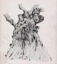 SURREALIST FACES ON TREE Pen & Ink Drawing ARTHUR MITSON c1985 SURREALISM
