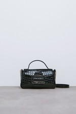 Zara Small Black Faux Leather Studded Crossbody Bag Quilted Flap