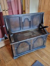 Antique Small Oak Carved Monks Bench - Storage, Settle, Console, Hall Seat