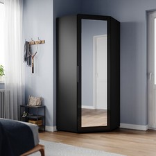 Corner High Gloss Modern Mirrored Wardrobe Black Door with Hanging Rail Shelves