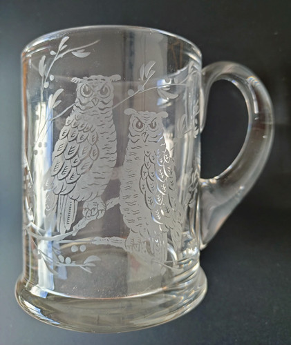 Etched owl glass with handle - etched,