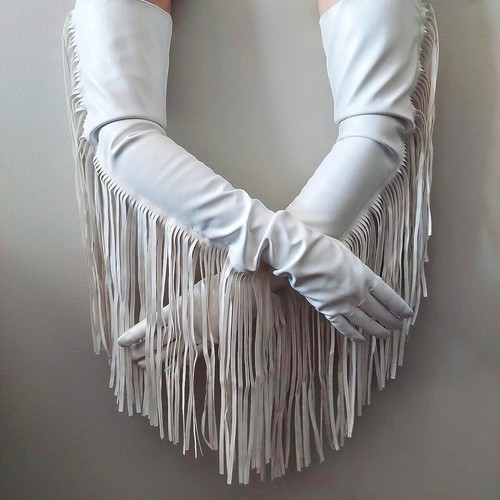 White leather gloves fringe - gloves,