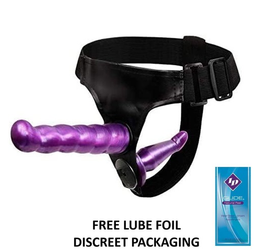 Purple double dildo - strap, on