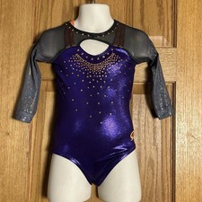GK Elite Purple Orange Rhinestone Mesh Sleeve Competition Gymnastics Leotard CXS