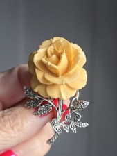 Vintage Kigu Signed Carved Celluloid Rose Brooch with Marcasite. Great Condition