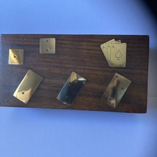 Vintage Wooden Games Box, Inlaid With Brass,Pack Of New Cards, Dominoes And Dice