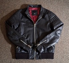 MENS * RIVER ISLAND * GENUINE LEATHER BLACK BOMBER BIKER JACKET * Sz S (VGC)