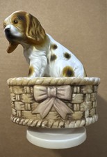 Beautiful Cocker Spaniel Puppy Sitting In A Basket Ceramic Wind Up Music Box.