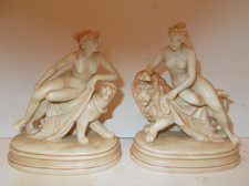 Pair Blush Ivory Porcelain Figurines Una & the Lion and Ariadne on the Panther