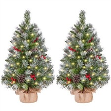 3Ft Green Tabletop Artificial Christmas Tree Cement Base & 50 LED Lights, 2Pcs