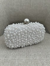 Brand New White And Silver Rounded Pearl Covered Bridal Clutch Bag Wedding