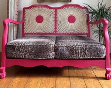 Vintage Restored And Upcycled Cane Two Seater Pink And Leopard Print Sofa